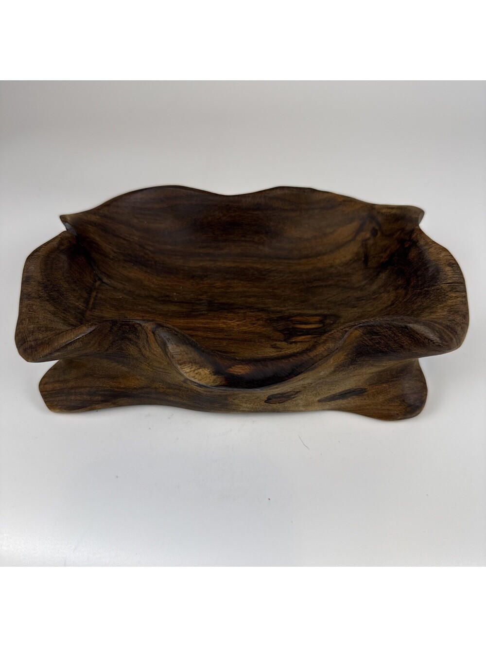 Vintage Hand Carved Teak Wood Bowl Live Edge Organic Ruffled Catchall Tray